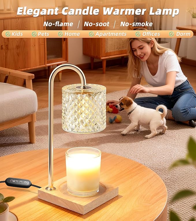 TigQiang Candle Warmer Lamp, Candle Lamp Wax Warmer, Timer & Dimmer 7-Levels, Fits Cup Jar Candle, Top Melting, Crystal Heater Lamp for Scented Wax, Elegant Home Decor, Clear Glass