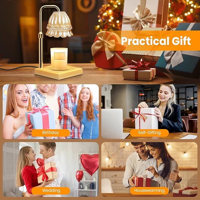 AUGOSTA Candle Warmer Lamp with Timer and Dimmer, Birthday Gifts for Women Mom, Adjustable Height Vintage Candle Lamp with 2 Bulbs for Jar Candles Home Kitchen Office Living Room Decor (Gold)