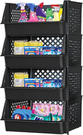 Skywin TidyFriend Plastic Stackable Bins for Pantry, 4 Pack Large Stacking Bins Open Front Kitchen, and Bathroom Organization, Open Front Design (Black)
