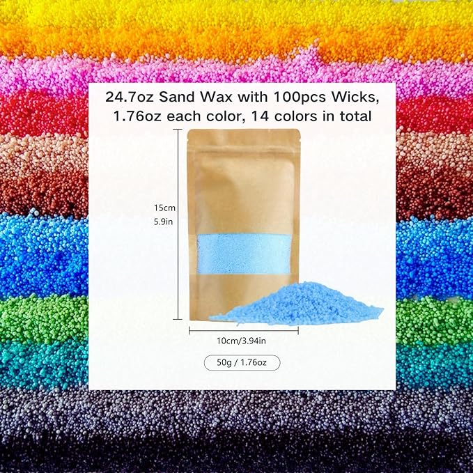 Monivi Unscented Sand Candles with Wicks 14Colors Pearled Candles Sand and Wicks 100pcs for Home Décor or Gifts, 24.7oz Refillable Pearled Candle Wax for DIY Candles Making Kit(1.76oz Each Color)