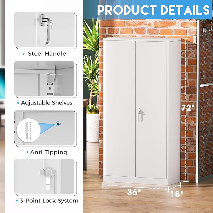 Greenvelly White Metal Storage Cabinet 72' - Steel Garage Cabinet with Doors & Shelves, Anti Tipping