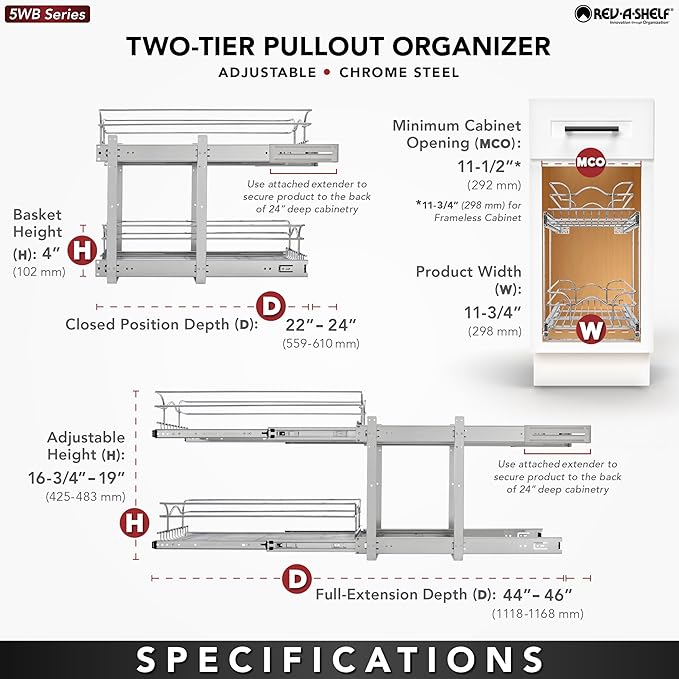 Rev-A-Shelf 2-Tier Kitchen Cabinet Pullout Shelf and Drawer Organizer Slide Out Pantry Storage Basket in Multiple Sizes, 12 x 22 In, 5WB2-1222CR-1