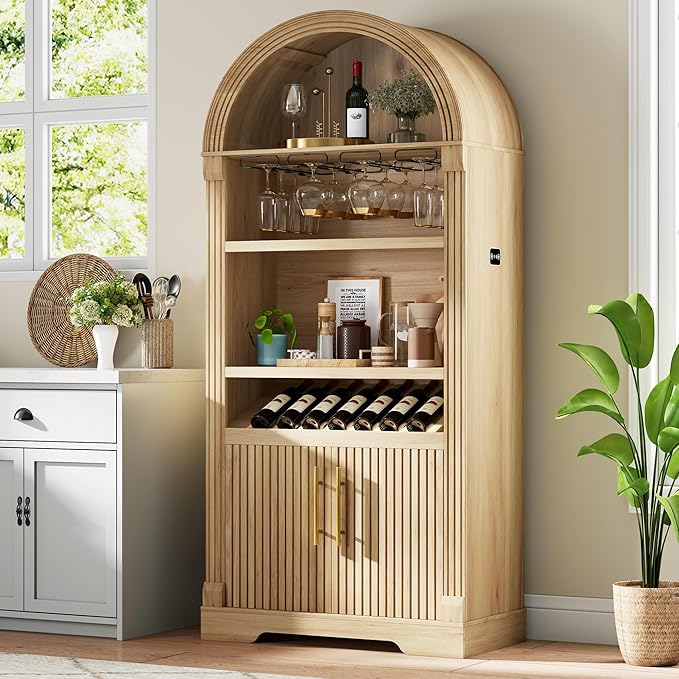 Vlsrka 71" Tall Arched Kitchen Pantry Cabinets, Wood Kitchen Storage Cabinets/Arched Bookshelf/Bookcase,China Cabinet with Open & Adjustable Shelves, Induction LED Light (Brown A)