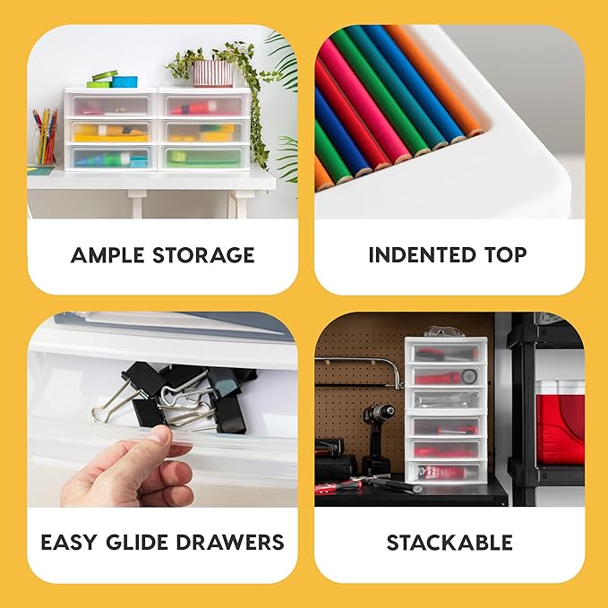 IRIS USA Medium 3-Drawer Stacking Desktop Organizer, 1 Pack, Plastic Drawer Storage Container for Stationery Art Craft Supplies Kitchen Office Garage and Small Business Organization, White