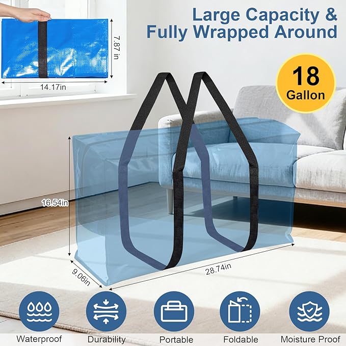 6Pcs Extra Large Heavy Duty Moving Bags with Reinforced Zippers & Handles, 67L Waterproof Storage Tote Bag Bins Alternative to Box Moving Supplies Space Saving for Travel College Dorm Essentials Blue
