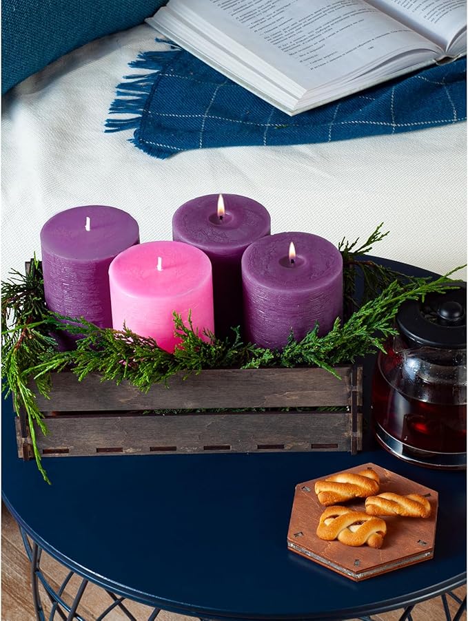 CANDWAX 3x3 Inch Advent Pillar Candles Set of 4 - Long Burning Dripless Unscented Pillar Candles - Rustic Style for Advent Wreaths, Christmas Décor - 3 Purple and 1 Pink Pillars