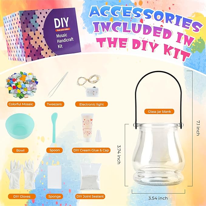 Joyclub DIY Mosaic Candle Holder Kit Mosaic Kits for Adults Stained Glass Tealight Candle Holder with Handle for Home Lighting Decor Girls Birthday Craft Gifts