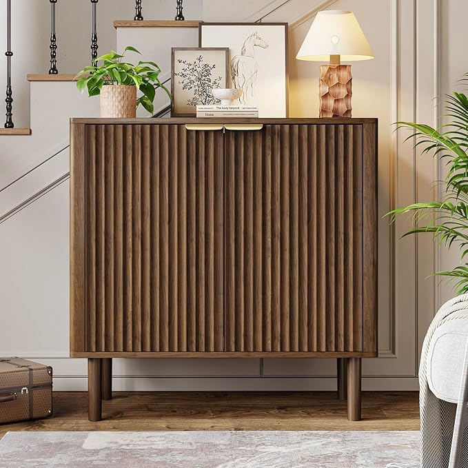 IKALIFE Sideboard Buffet Cabinet with Storage, Modern Fluted Accent Credenza with Doors & Adjustable Shelves, Wood Coffee Bar Console Table for Living Room, Dining Room, Entryway 31.5"(2pcs) Walnut