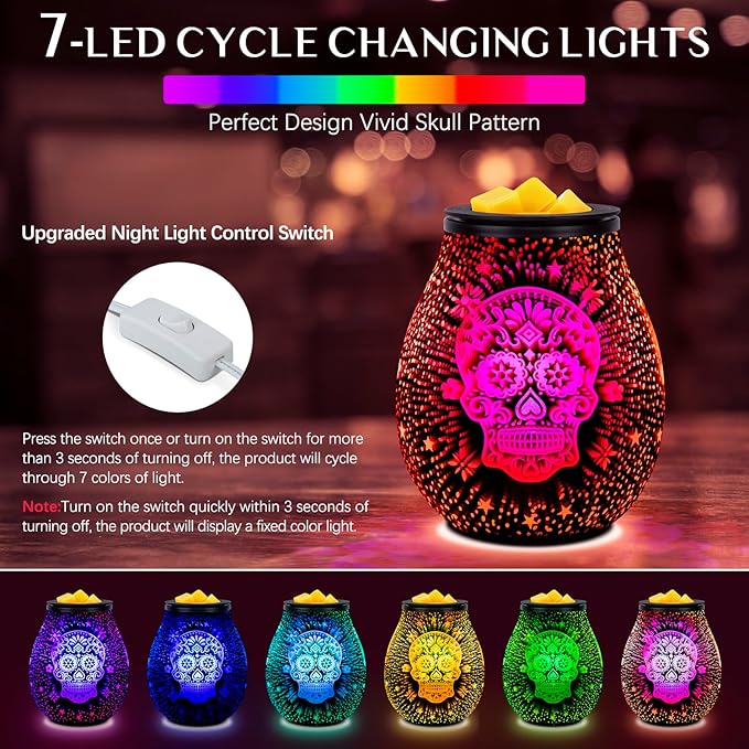 EQUSUPRO Wax Melt Warmer Wax Melter Wax Burner for Scented Wax Melts Electric Fragrance Warmer for Wax Cubes & Tarts, Vivid 3D Design 7 Colors LED Light Gift & Decor for Home Office (3D Skeleton)