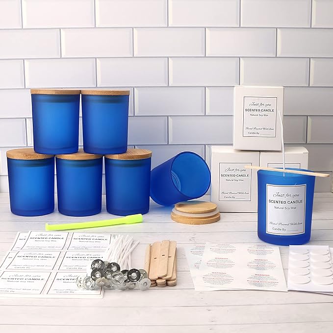 MILIVIXAY 12 Pack 10 OZ Frosted Blue Glass Candle Jars With Lids and Candle Making Kits - Bulk Empty Candle Jars For Making Candles - Spice, Powder Containers.