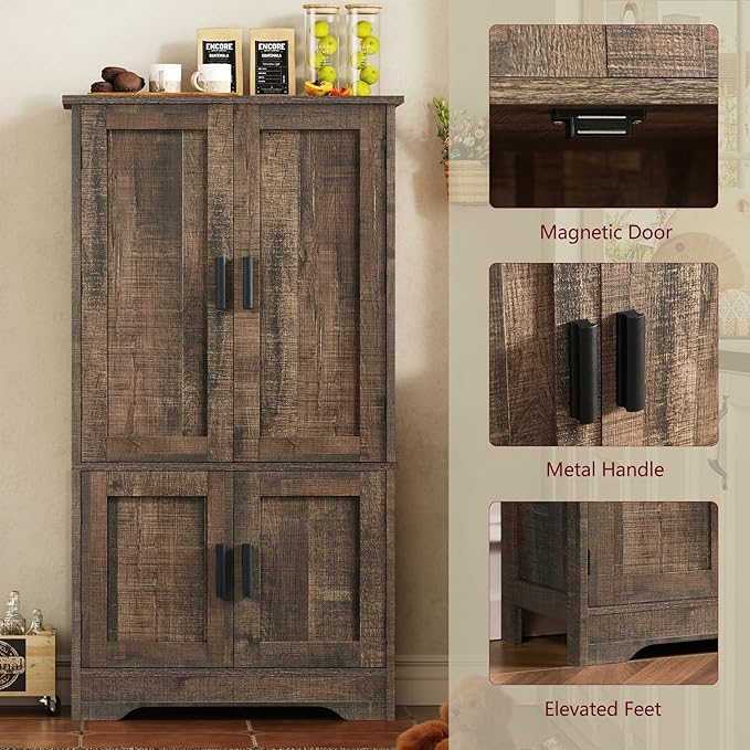 TEENFON Storage Cabinet with 4 Doors, 43.3" H Farmhouse Kitchen Cabinet with 6 Door Shelves, Kitchen Storage Cabinets with Adjustable Shelves, for Living Room, Antique Oak