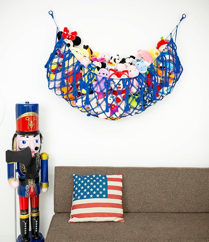 Stuffed Animal Storage Hanging Net or Hammock for Stuffed Animals Handmade Macrame Toy Hammock Plush Toy Hammock Organizer (Blue)
