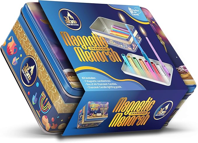 Colorful Kids Magnetic Candle Menorah Set- Includes Box of Chanukah Candles - Fun Safe and Decorative Tin Childrens Menorah
