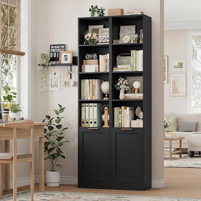 FACBOTALL 73.5" Tall Narrow Bookshelf, Tall Bathroom Storage Cabinet, Slim Bathroom Cabinet with Doors, 6 Tier Slim Bookshelf with Storage, Narrow Storage Cabinet for Living Room, Home Office, Black