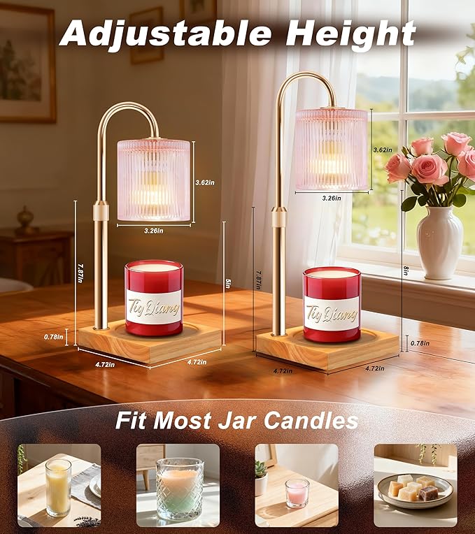 Candle Warmer Lamp, Candle Lamp Wax Warmer Heating, Timer & Dimmer 7-Levels, Fits Cup Jar Candle, Top Melting, Crystal Heater Lamp for Scented Wax, Elegant Home Decor, Pink Glass