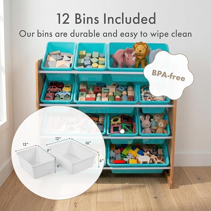 Humble Crew Kids Toy Storage Organizer with 12 Plastic Bins, Natural Wood/Aqua – Removable Bins for Playroom, Bedroom, Toddler Furniture for Boys and Girls Ages