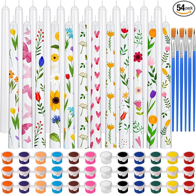 MTLEE 54 Pcs DIY Candle Painting Kit Include White Candles Colorful Acrylic Paint Strips and Paintbrushes for Crafts Making Wedding Birthday Party Centerpiece (Taper)