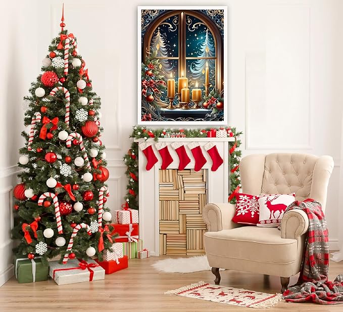 mjcakrn Christmas Diamond Art Kits for Adults, Christmas Candles Diamond Painting Kits for Adults Beginners, 5D DIY Full Drill Round Rhinestone Gem Art Crafts Paintings for Home Wall Decor 12x16 inch