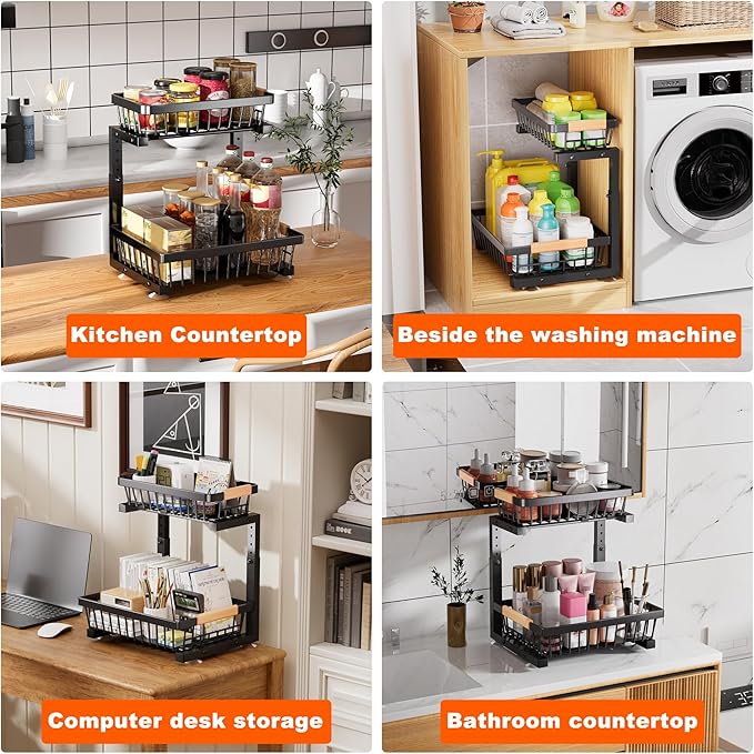 Under Sink Organizer, 2 Pack 2 Tier Under Sink Organizers and Storage, Slide Out Pull Out Cabinet Organizer Shelf, Height Adjustable Metal Drawer for Kitchen Bathroom Closet Organization Rack Black