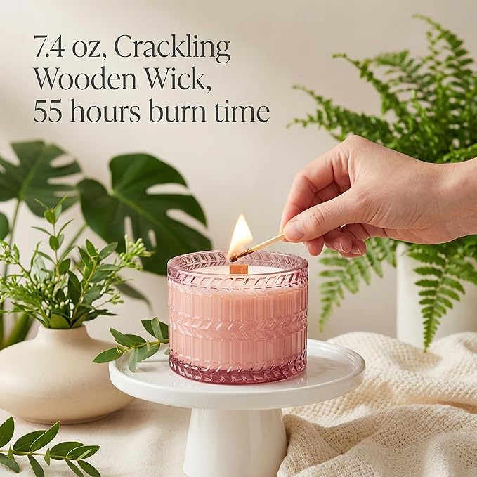 Hidden Label Sandalwood Rose Scented Candle with Crackling Wood Wick, 7.4oz Pink Soy Candle for Home Scented, 55H Clean Burn, Non-Toxic Aromatherapy Candle for Relaxation, Romance & Gifting