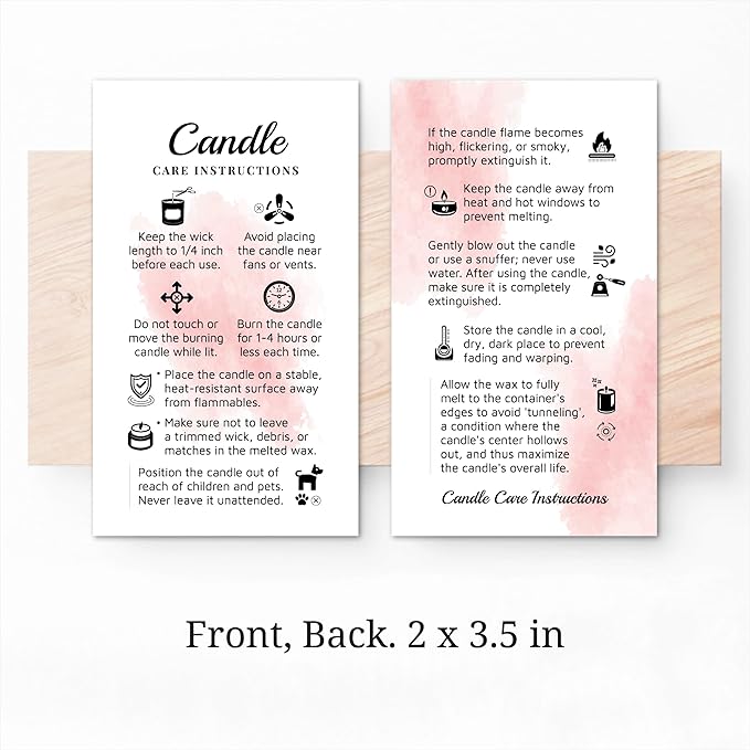 200 pack - Premium Handmade Candle Care Instruction Cards Pink White 2x3.5 in, Small Business | Soy Bees Wax Melt, Candle Makers, Making Supplies Kit Set, Containers, Jars, Package