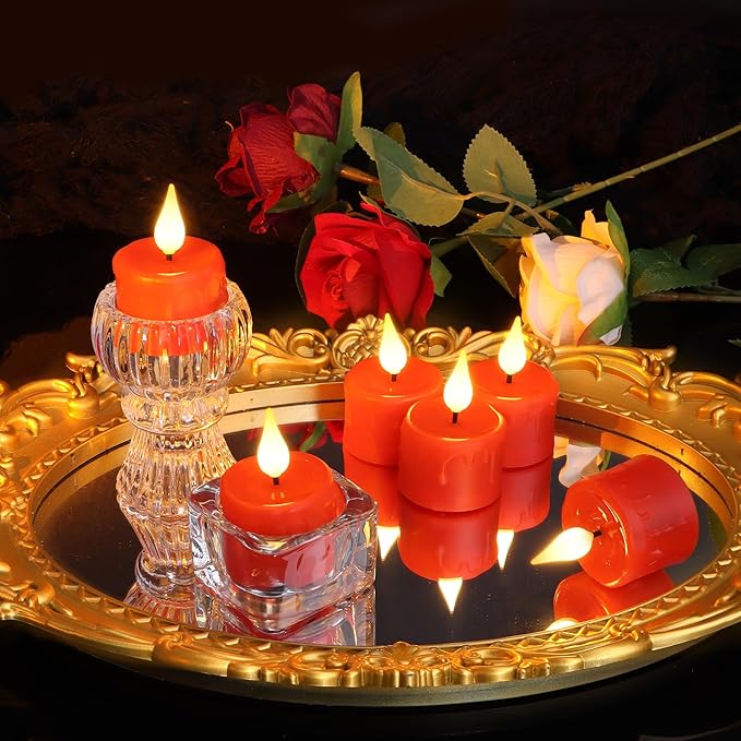 Rechargeable Flameless Tea Lights with Charging Base and USB Cable, Remote Control and Timer, Realistic Flickering Warm White Light, 6 Pack Red LED Candles