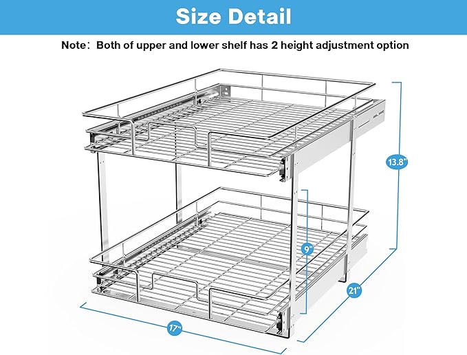 LOVMOR Individual Pull Out Cabinet Organizer, 2 Tier Cabinet Drawers Slide Out, Pots and Pans Organizer and Storage Pantry Shelf for Kitchen (17" W x 21" D)