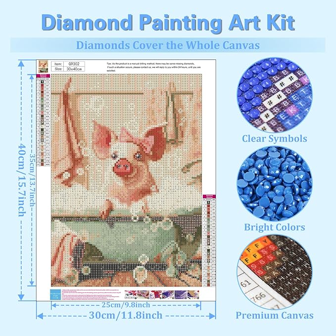 Reivworl Pig Diamond Art Kits for Adults, Pig Diamond Painting Kits, 5D Gem Art Kit for Gifts and Home Interior Decor 12x16 Inch