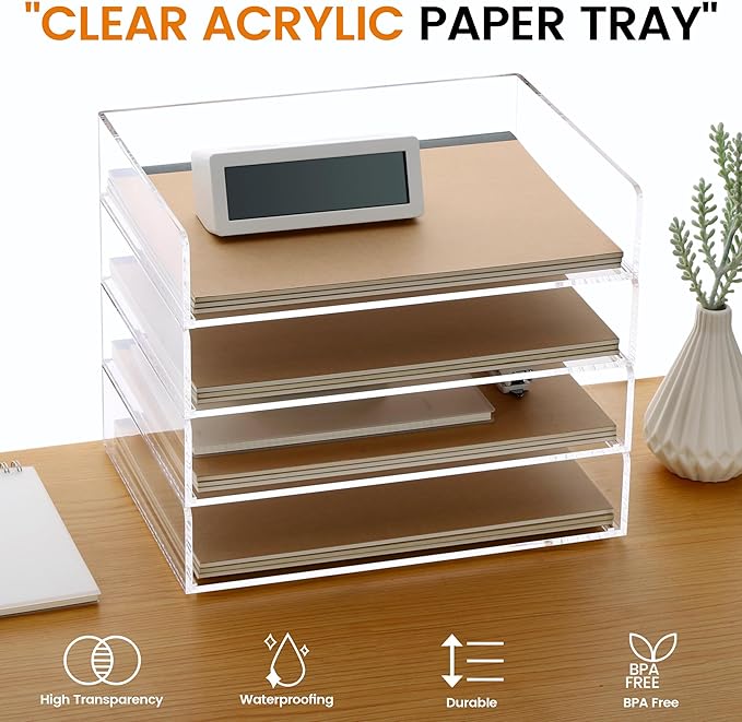 Acrylic Paper Tray, 4 Tier Paper Organizer for Desk, Clear Acrylic Desk Organizers, Stackable Letter Tray Workspace Organizer -Art Storage for School Classroom -4 Pack…