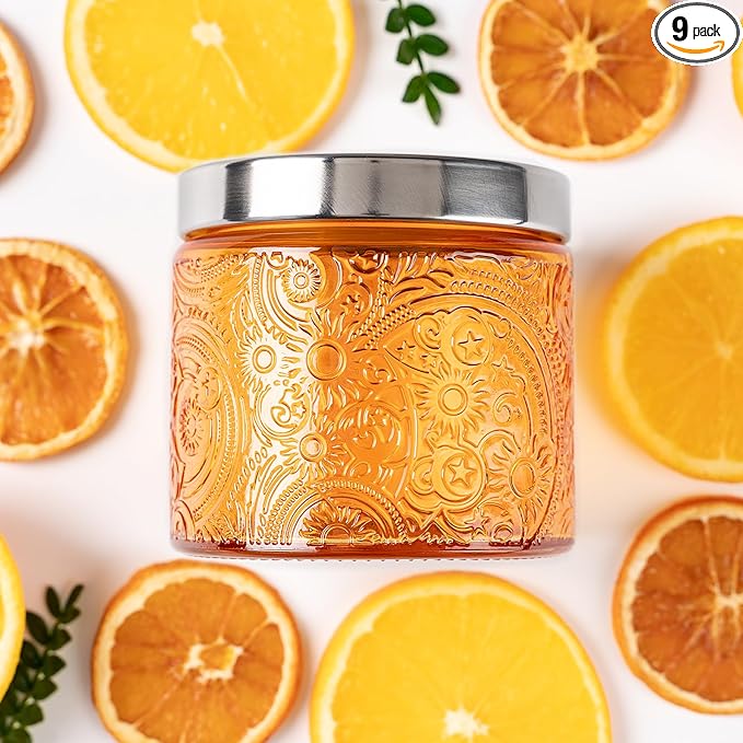 9-Pack 10 oz Sun Moon Star Embossed Glass Candle Jars with Mirror Lids and Labels - Unique Orange Candle Containers with Lids for Candle Making