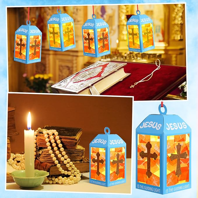Simgoing 12 Religious Cross Lanterns Crafts with LED Candles Lights Jesus Lights The Way Sunday School Tissue Paper DIY Oil Lamp Cross Hanging Ornament Vsb Church Activity
