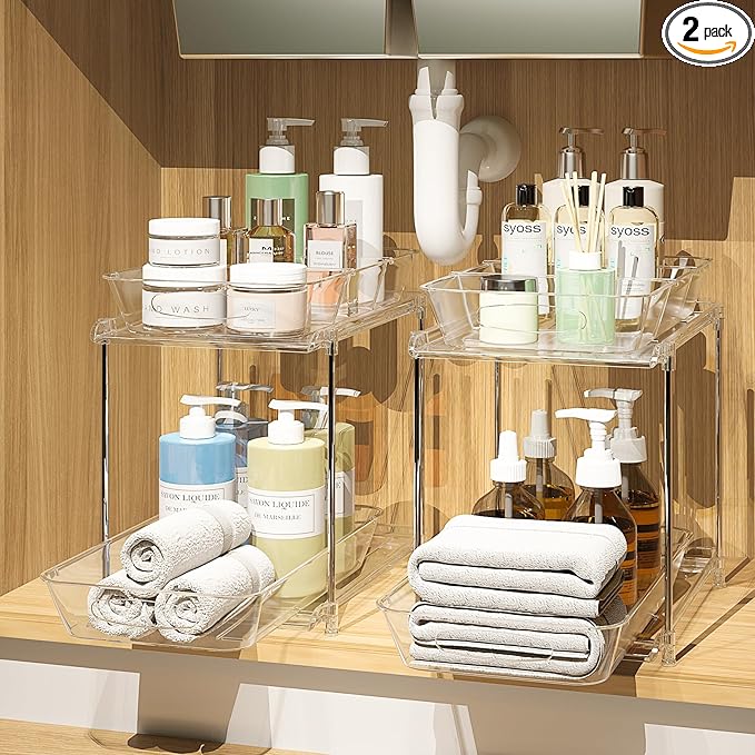 MHHA 2 Pack Bathroom Cabinet Organizer, 2 Tier Clear Under Sink Organizers and Storage Medicine Cabinet Organizer with Dividers, Pull Out Kitchen Pantry Shelf Cupboard Closet Vanity Organization Bins
