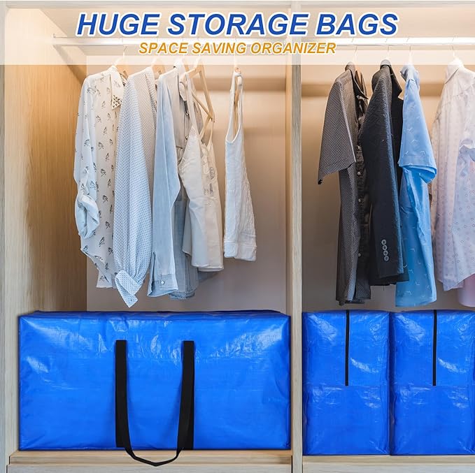 Windyun 4 Pack 75 Gallon Extra Large Moving Bags XXL Heavy Duty Storage Bag with Strong Zipper Handle Jumbo Big Tote Box Foldable for College Dorm Travel Clothes Duffle Blanket Pillow(Blue)