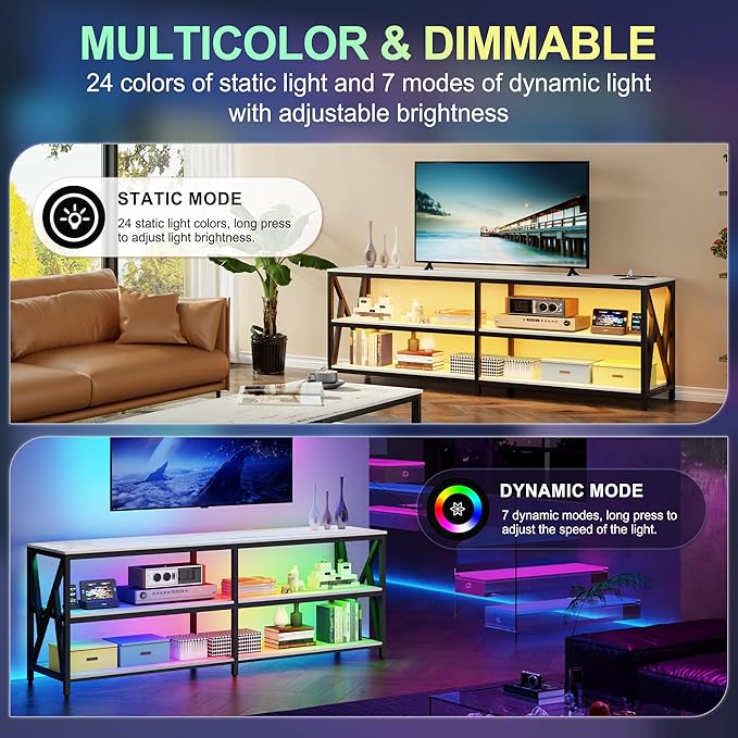 Lvifur LED TV Stand for 65 70 75 inch TV, Auto Sensor Entertainment Center with RGB Dimmable Lights, TV Console Table with Open Storage Shelves and Metal Frame (White)