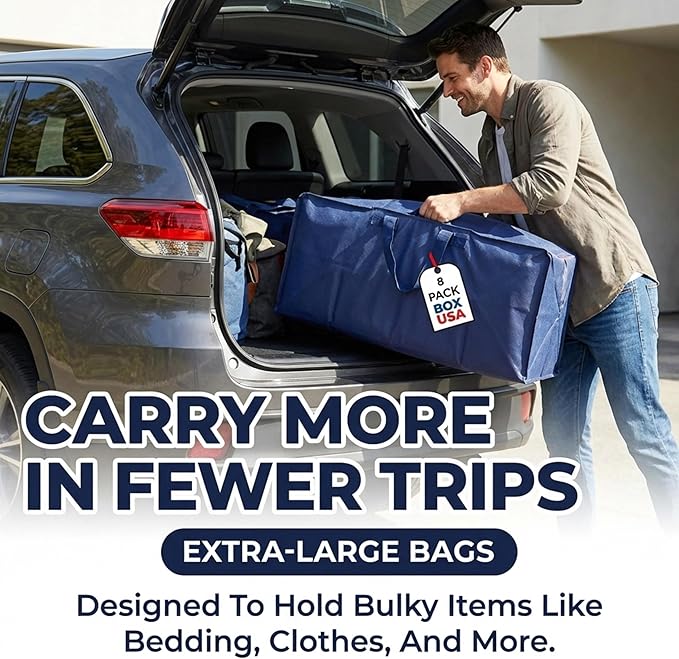 BOX USA 8-Pack Moving Bags with Strong Handles & Zippers - Heavy Duty Extra Large Packing Bags for Storage, Moving Boxes, Dorm & College Supplies, Blue
