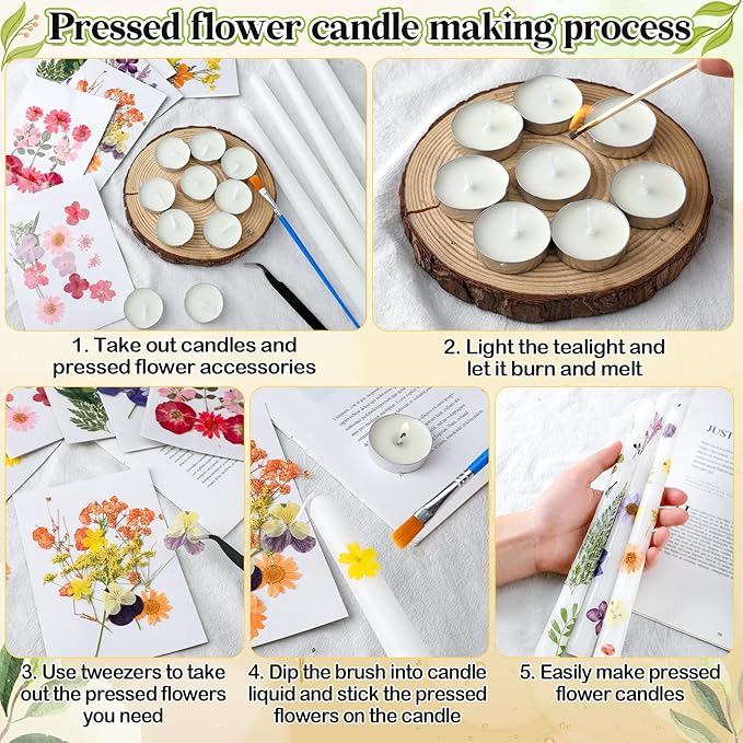 MTLEE 30 Pack Pressed Flower Candles Making Kit 6 Set Dried Pressed Flowers 12 White Taper 10 White Tealight Candles with Tweezers Brush for DIY Crafts Birthday Wedding Party Favors