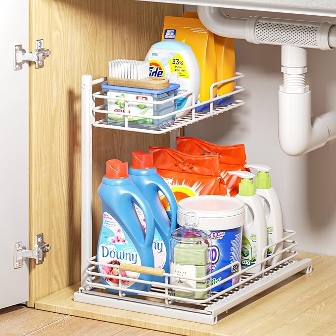 Delamu Under Sink Organizer, Height Adjustable Under Sink Organizers and Storage, Slide Out Under Sink Storage Shelf for Kitchen Bathroom Pantry Cabinet