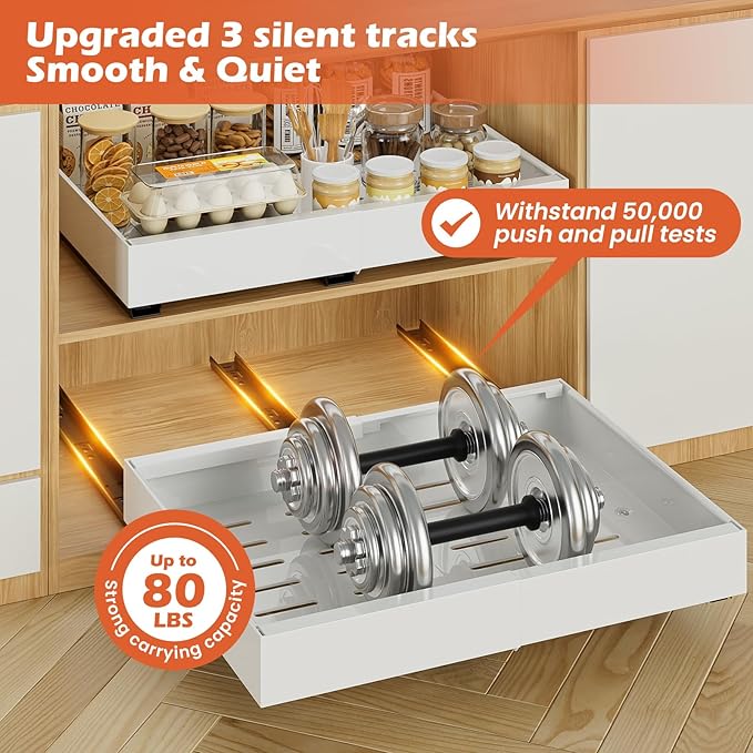 1 Pack Expandable Pull Out Cabinet Organizer 21"Deep, Adjustable Width 12.2"-20.4" Slide Out Drawers & Roll Out Shelves for Kitchen Cabinets, Easy Install with Double-Sided Adhesive, White