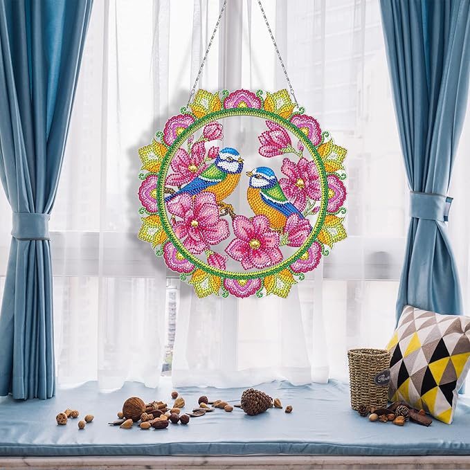 Birds and Flowers Gem Art Hanging Pendant with LED Light String DIY Diamond Art Painting Spring Wreaths Hanging Ornament Special Shape Rhinestones by Number Kits Outdoor Garden Yard Spring Door Decor
