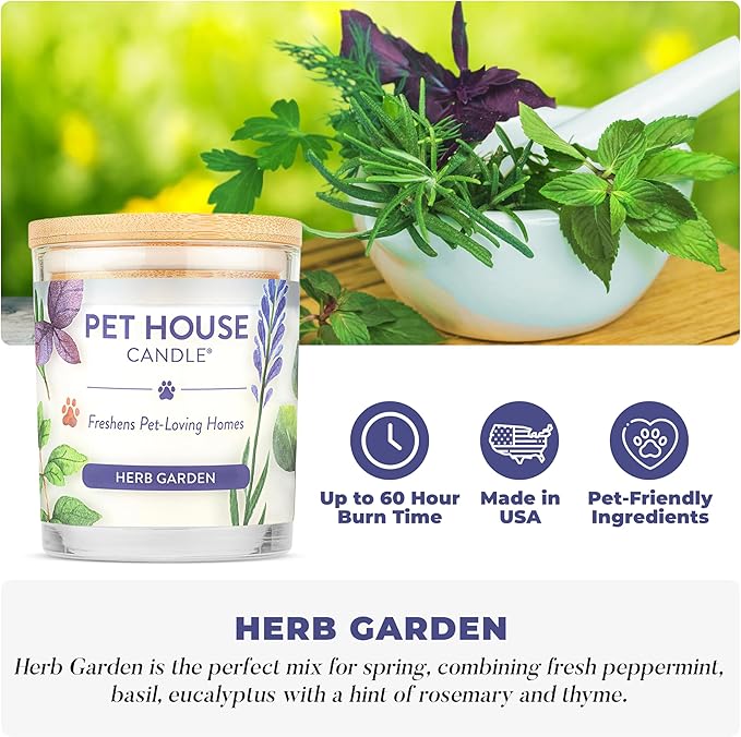 Pet House Candles, Plant-Based, Long Lasting, Pet Friendly Candles for Home, 60 Hour Burn Time - Herb Garden, 9 oz