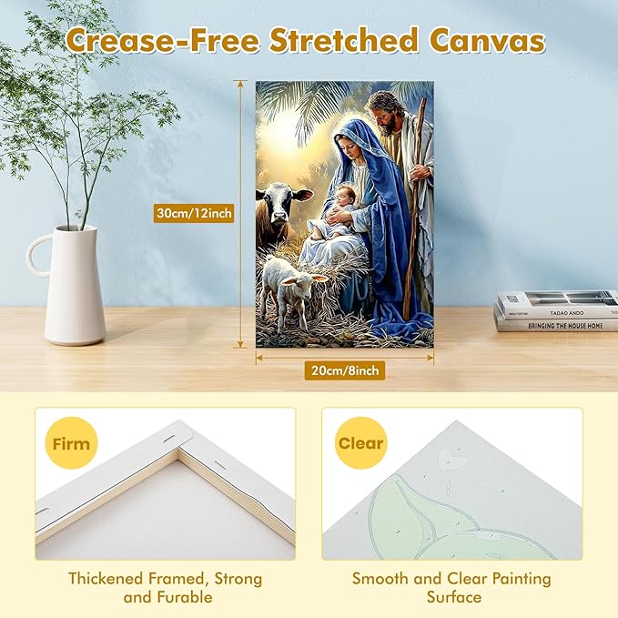 Bowetile Nativity Scene Paint by Numbers for Adults Beginners Framed, Adults' Paint-by-Number Christmas Kits on Canvas, Acrylic Number Painting Gifts for Home Wall Decor, 8x12in