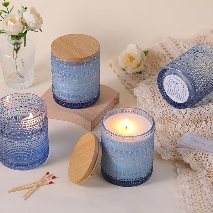 DARJEN 8 Pack Blue Candle Jars for Making Candles- 14 OZ Empty Glass Candle Making Jars with Bamboo Lids and Labels, Candle Making Supplies Candle Containers for DIY Gifts
