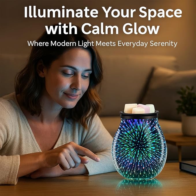 Leyoue 3D Glass Fireworks Electric Wax Melt Warmer with PTC Heating Plate Reusable Silicone Tray 7 Colors LED Changing Light Wax Burner Melter Fragrance Warmer for Home (3D)