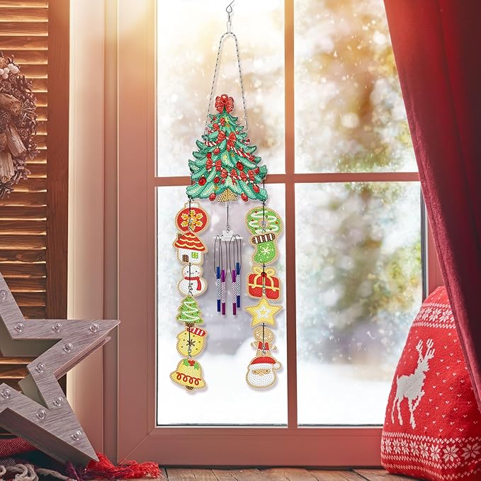 Diamond Dots Christmas Tree Wind Chimes Hanging Ornaments DIY Kits 5D Christmas Tree Diamond Art Painting Wind Chime Hanging Pendant Double Sided Special Shaped Gem by Number Yard Office Window Decor