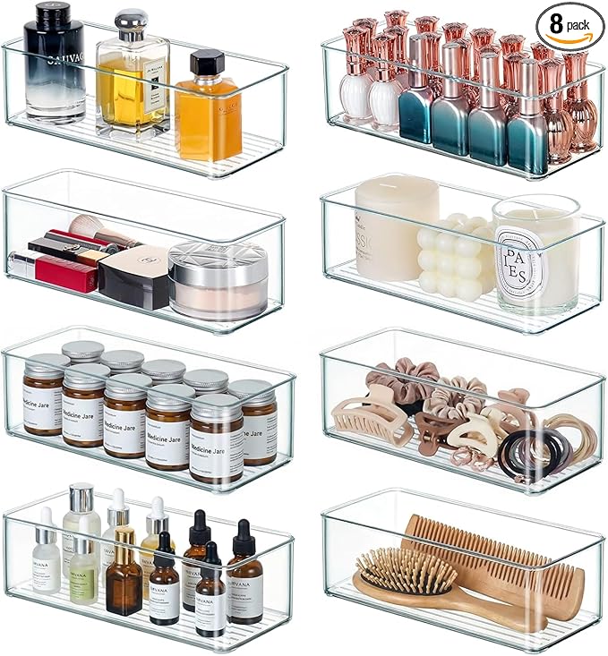 Qilinba 8 PACK Drawer Organizer Bins Bathroom Deep Drawer Organizer Tray for Cutlery Vanity Make-up, Clear Stackable Storage Bins for Kitchen Cabinet Closet Counter Organization and Storage