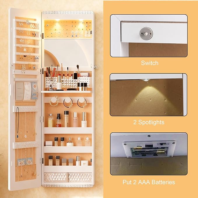 Lvifur 47.2" LED Jewelry Mirror Cabinet,Lockable Wall/Door Mounted Full Length Mirror with Storage, Over the Door Hanging Jewelry Organizer-2 Drawers,Foldable Shelf, Built-in Lighted Mirror (White)