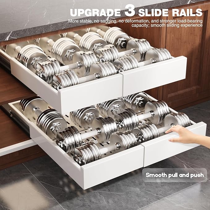 2 Pack Pull Out Cabinet Organizer Expandable Width(13"-21") and Depth(17"-24"), Slide Out Drawers With Raising Pad for Framed Cabinets, No Drill Roll Out Shelves for kitchen, Bathroom, White