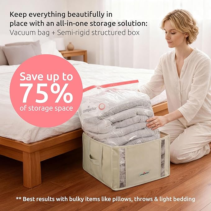 Compactor Vacuum Storage Bag with Semi-Rigid Structured Box, Polypropylene & Nylon Vacuum Storage Bags, Vacuum Seal Bags for Clothing and Bedding, Closet Organizer (Beige, XX-Large)