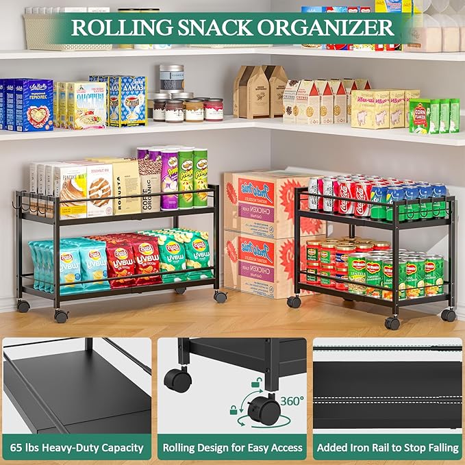 2-Tier Expandable Rolling Pantry Cart with Wheels, Adjustable Floor Organizer for Kitchen Pantry, Can Organizer for Pantry, Storage Cart for Snack, Food, Vegetables, Black, Patent Pending