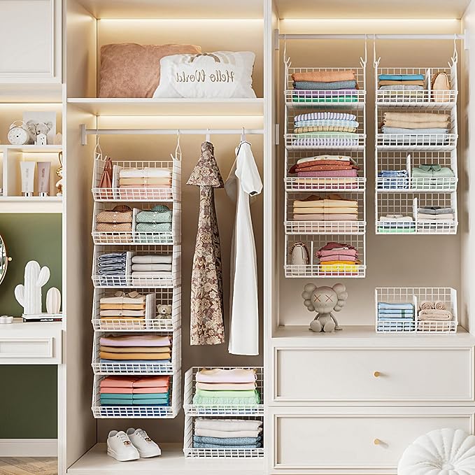 Jautokerdar 6 Tier Extra Large Hanging Closet Organizer, Closet Storage Hanging with Dividers, Wire Closet Shelf with 5 S Hooks 4 Dividers,Sweater Handbag Hat Accessory Storage Hanger,White